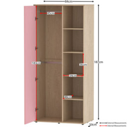 Lassic Vida Designs Neptune 1 Door 5 Shelf Wardrobe In Pink & Oak (H)1875mm (W)840mm (D)495mm - thumbnail 2