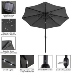 Living And Home 3M Tiltable Garden Parasol Outdoor Patio Sun Shade Umbrella With 24 Solar Led Lights Crank Tilt No Base, Dark Grey - thumbnail 4