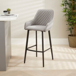 The Furniture Market Duke Grey Fabric Carver Bar Stool Diamond Quilted Stitch Design Black Metal Legs Modern Kitchen Island Chair Comfortable Armrests - thumbnail 2