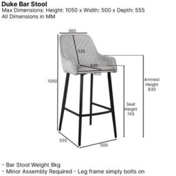 The Furniture Market Duke Grey Fabric Carver Bar Stool Diamond Quilted Stitch Design Black Metal Legs Modern Kitchen Island Chair Comfortable Armrests - thumbnail 7