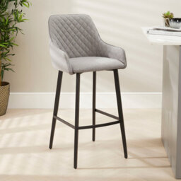 The Furniture Market Duke Grey Fabric Carver Bar Stool Diamond Quilted Stitch Design Black Metal Legs Modern Kitchen Island Chair Comfortable Armrests - thumbnail 1