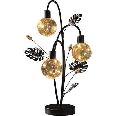 Golden Lily Globe Table Lamp - Battery Powered Black Art Deco Light With 24 Led Lights In 3 Orb Spheres & Metal Leaf Accents - image 1