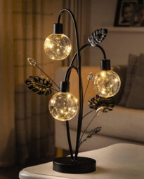 Golden Lily Globe Table Lamp - Battery Powered Black Art Deco Light With 24 Led Lights In 3 Orb Spheres & Metal Leaf Accents - thumbnail 2