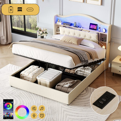 Matteo 4Ft6 Double Upholstered Hydraulic Storage Bed With Led Headboard, Usb Charging - image 1