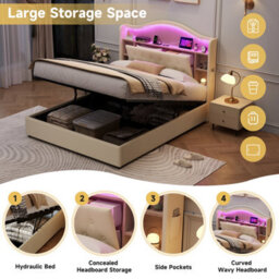 Matteo 4Ft6 Double Upholstered Hydraulic Storage Bed With Led Headboard, Usb Charging - thumbnail 6