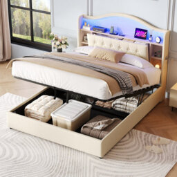 Matteo 4Ft6 Double Upholstered Hydraulic Storage Bed With Led Headboard, Usb Charging - thumbnail 2
