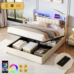 Matteo 4Ft6 Double Upholstered Hydraulic Storage Bed With Led Headboard, Usb Charging - thumbnail 1