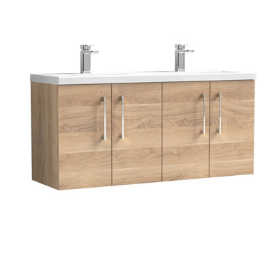 Balterley Bramshall 1200mm Wall Hung 4 Door Vanity Unit With Double Basin For Modern Bathroom Storage - Bleached Oak - image 1