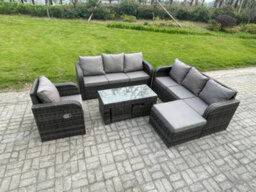 Fimous 10 Seater Outdoor Sofa Set Rattan Garden Furniture Set With Rectangular Coffee Table 3 Footstools 3 Seater Sofa - thumbnail 2
