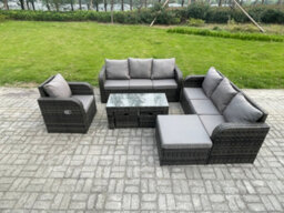 Fimous 10 Seater Outdoor Sofa Set Rattan Garden Furniture Set With Rectangular Coffee Table 3 Footstools 3 Seater Sofa - thumbnail 1