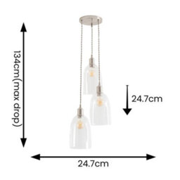 Valuelights Kira Glass Cloche Dome 3 Drop Cluster Brushed Chrome Ceiling Pendant Light - thumbnail 7