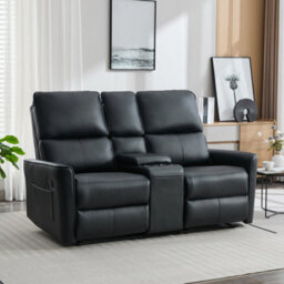 More4Homes Madrid 2 Seater W Console Manual Recliner Air Leather Sofa (Black) - thumbnail 1