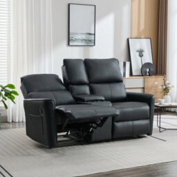 More4Homes Madrid 2 Seater W Console Manual Recliner Air Leather Sofa (Black) - thumbnail 8
