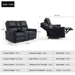 More4Homes Madrid 2 Seater W Console Manual Recliner Air Leather Sofa (Black) - thumbnail 9