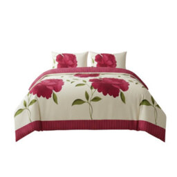 Reversible Floral Duvet Set Elegant Flower Stripe Pattern Bedding For Home Decor Fuchsia - thumbnail 2