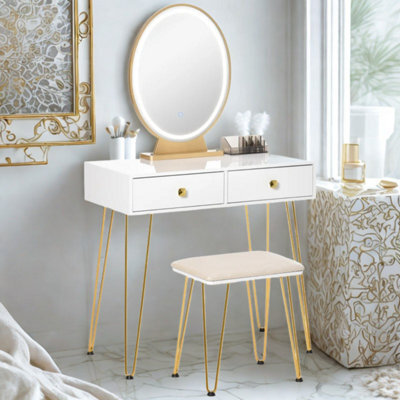 2 Drawer Dressing Table With Mirror, Led Lights And Stool - image 1