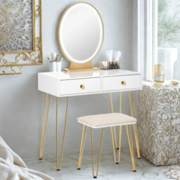 2 Drawer Dressing Table With Mirror, Led Lights And Stool