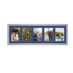 AK Frames 26X8 Silver Classic Multi Photo Frame With Blue Mount - Holds 5 Apertures (5X) 6X4 Photos