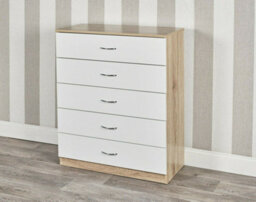 Urbn-Living Urbnliving Height 90.5Cm 5 Drawer Wooden Bedroom Chest Cabinet Modern Oak Carcass And White Drawers Wide Storage Cupboard Closet - thumbnail 1