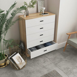 Urbn-Living Urbnliving Height 90.5Cm 5 Drawer Wooden Bedroom Chest Cabinet Modern Oak Carcass And White Drawers Wide Storage Cupboard Closet - thumbnail 2