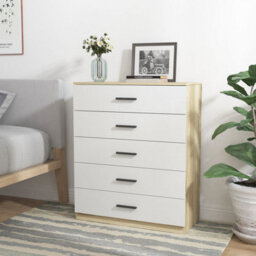 Urbn-Living Urbnliving Height 90.5Cm 5 Drawer Wooden Bedroom Chest Cabinet Modern Oak Carcass And White Drawers Wide Storage Cupboard Closet - thumbnail 3