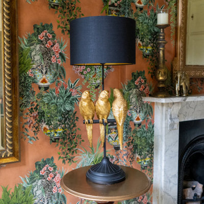 Madison & Mayfair Trio Parrots Lamp: Black Gold Base With Matching Shade