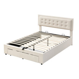 Abrihome Velvet Upholstered Double Bed With Storage, Headboard & Slats - Cream, 135X190Cm, No Mattress - thumbnail 2