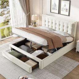 Abrihome Velvet Upholstered Double Bed With Storage, Headboard & Slats - Cream, 135X190Cm, No Mattress - thumbnail 1