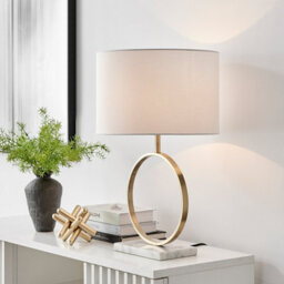 Furniturebox Saffron Gold Chrome Halo Table Lamp With White Marble Base And White Light Shade Including A Rated Energy Efficient Led Bulb