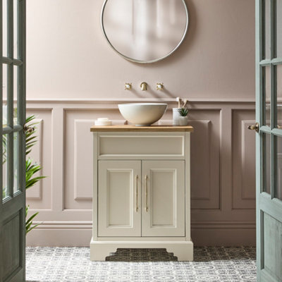 Homestylestore Antique White And Oak 645mm Bathroom Vanity Unit With Round Countertop Basin And Brushed Brass T Bar Handles - image 1