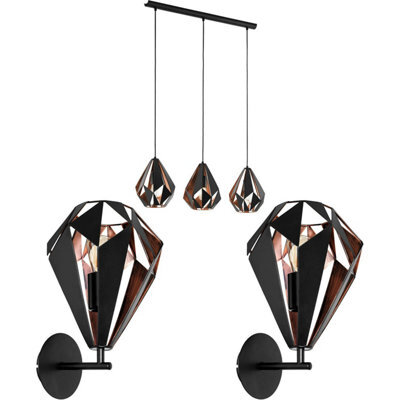 Stylish 3-Bulb Ceiling Light With 2 Matching Wall Fixtures In Black And Copper - image 1