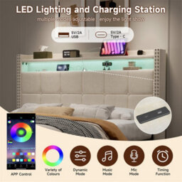 Abrihome 4Ft6 Double Upholstered Bed With Led Rivet Headboard & 4 Drawers, Usb/type-C Charging, Beige, Linen - thumbnail 4