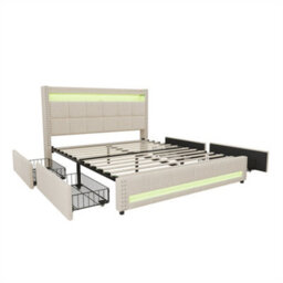 Abrihome 4Ft6 Double Upholstered Bed With Led Rivet Headboard & 4 Drawers, Usb/type-C Charging, Beige, Linen - thumbnail 7