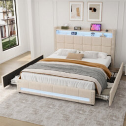 Abrihome 4Ft6 Double Upholstered Bed With Led Rivet Headboard & 4 Drawers, Usb/type-C Charging, Beige, Linen