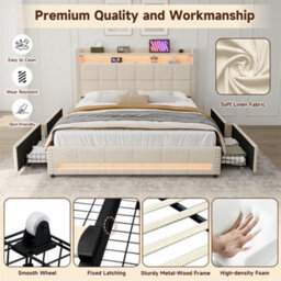 Abrihome 4Ft6 Double Upholstered Bed With Led Rivet Headboard & 4 Drawers, Usb/type-C Charging, Beige, Linen - thumbnail 3
