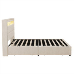 Abrihome 4Ft6 Double Upholstered Bed With Led Rivet Headboard & 4 Drawers, Usb/type-C Charging, Beige, Linen - thumbnail 9