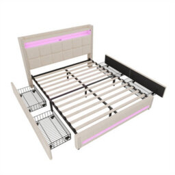 Abrihome 4Ft6 Double Upholstered Bed With Led Rivet Headboard & 4 Drawers, Usb/type-C Charging, Beige, Linen - thumbnail 8