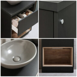 Homestylestore Black Grey 600mm Led Lit Bathroom Vanity Unit Oval Pebble Countertop Basin Open Shelf - thumbnail 2