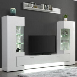 Furniture in Fashion Santiago Tv Stand With Storage For Living Room And Bedroom, 2698 Wide, Led Lighting, Media Storage, White High Gloss Finish
