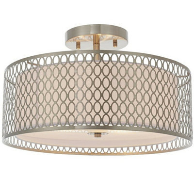Low Ceiling Geometric Light Satin Nickel Glass & Fabric Round Modern Lamp Shade - image 1