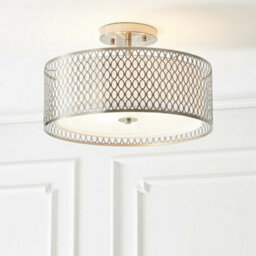 Low Ceiling Geometric Light Satin Nickel Glass & Fabric Round Modern Lamp Shade - thumbnail 4