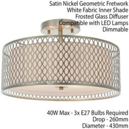 Low Ceiling Geometric Light Satin Nickel Glass & Fabric Round Modern Lamp Shade - thumbnail 2