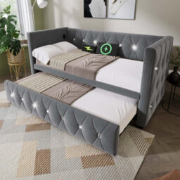 "Matteo ""versatile Single Daybed With Usb & Type C Charging Stations, Pull-Out Trundle, Velvet Upholstery, Grey, 90X190Cm""" - thumbnail 8