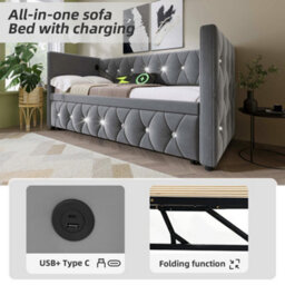 "Matteo ""versatile Single Daybed With Usb & Type C Charging Stations, Pull-Out Trundle, Velvet Upholstery, Grey, 90X190Cm""" - thumbnail 3