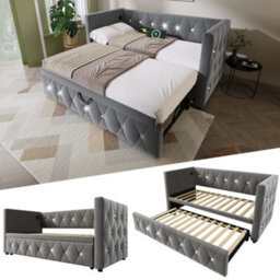 "Matteo ""versatile Single Daybed With Usb & Type C Charging Stations, Pull-Out Trundle, Velvet Upholstery, Grey, 90X190Cm"""