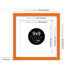 "9X9"" Orange Picture Frame - 9X9"" Square Frame With 8X8"" Mount For 9X9""/8X8"" Pictures Art Deco Style Thin Edge, 1 Pack" - thumbnail 2