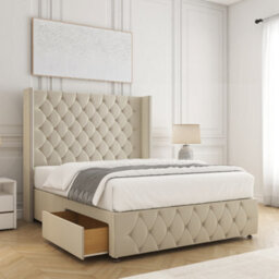 Bsspoke Mayfair Divan Bed Set Cream Plush Velvet 54Inch Headboard & Footboard 2 Drawers Footend & Mattress In 4Ft 4Ft6 5Ft 6Ft - thumbnail 1
