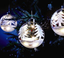 Illuminated Christmas Tree Bauble - 10Cm Hand Painted Snow-Covered Trees Glass Bauble Filled With Led Lights, Vine & Berries