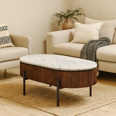 Wyld Haus Alabama Ribbed Mango Wood Rectangular Coffee Table With Marble Top And Metal Legs - image 1