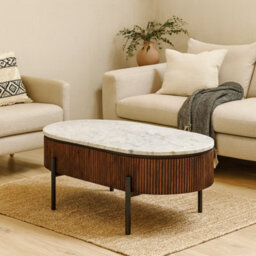 Wyld Haus Alabama Ribbed Mango Wood Rectangular Coffee Table With Marble Top And Metal Legs - thumbnail 1